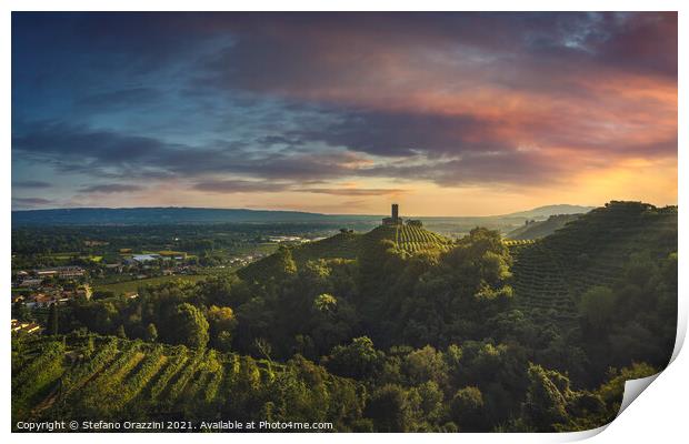 Prosecco Hills, vineyards and San Lorenzo church. Print by Stefano Orazzini