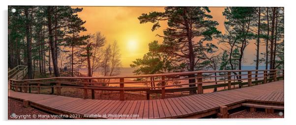 Sunset panorama of wooden path near Baltic sea coast Acrylic by Maria Vonotna