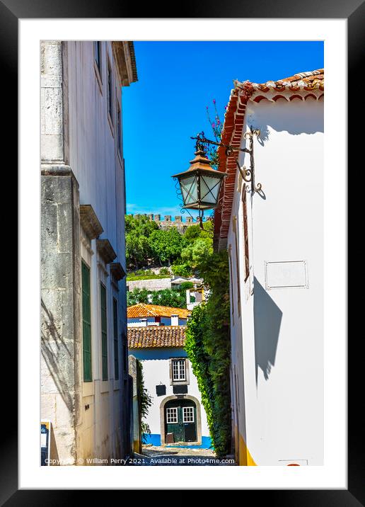 Narrow White Street 11th Century Castle Wall  Obidos Portugal Framed Mounted Print by William Perry