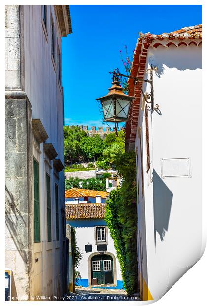 Narrow White Street 11th Century Castle Wall  Obidos Portugal Print by William Perry