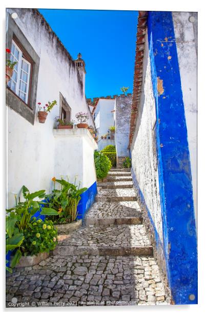 Narrow White Blue Street 11th Century Obidos Portugal Acrylic by William Perry