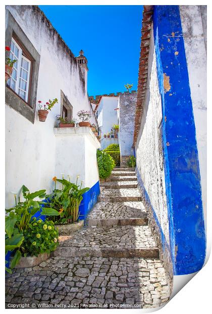 Narrow White Blue Street 11th Century Obidos Portugal Print by William Perry