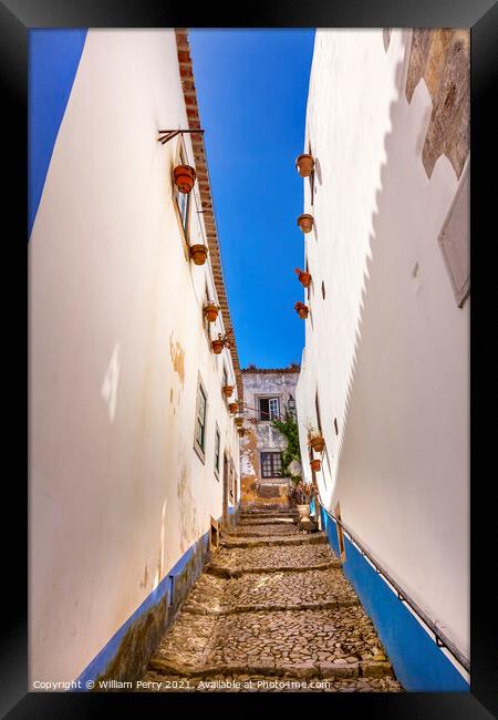 Narrow White Walls Street 11th Century Obidos Portugal Framed Print by William Perry