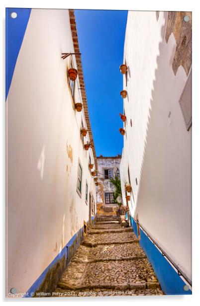 Narrow White Walls Street 11th Century Obidos Portugal Acrylic by William Perry