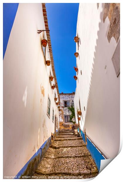 Narrow White Walls Street 11th Century Obidos Portugal Print by William Perry