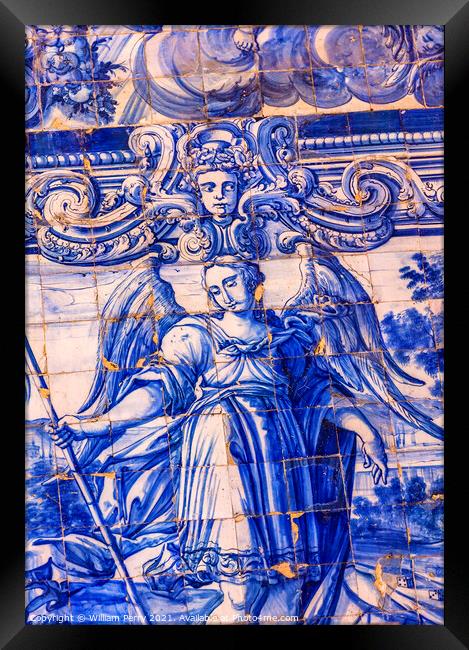 Blue Angel Tiles Porta da Vila Southern Gate Obidos Portugal Framed Print by William Perry