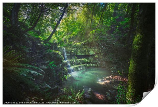 Waterfall inside a forest. Tuscany Print by Stefano Orazzini