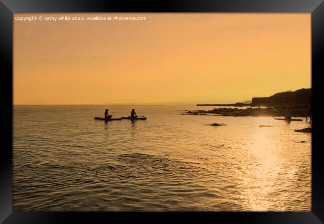 Porthleven sunst summer night,kayaking Framed Print by kathy white
