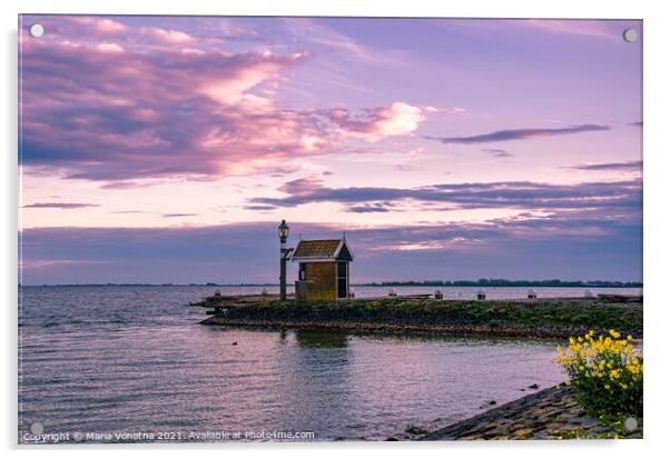 Pink sunset over calm lake Acrylic by Maria Vonotna