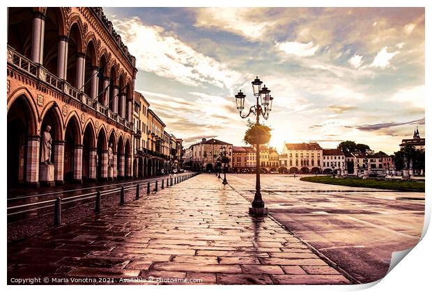Sunset over square in Padova in Italy Print by Maria Vonotna