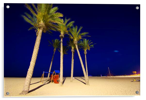 Palms in theevening. Beach of Roquetas de Mar Acrylic by Jose Manuel Espigares Garc