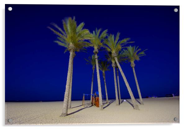 Palms in theevening. Beach of Roquetas de Mar 2 Acrylic by Jose Manuel Espigares Garc