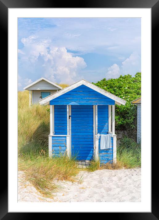 Skanor Beach Hut in Blue and White Framed Mounted Print by Antony McAulay