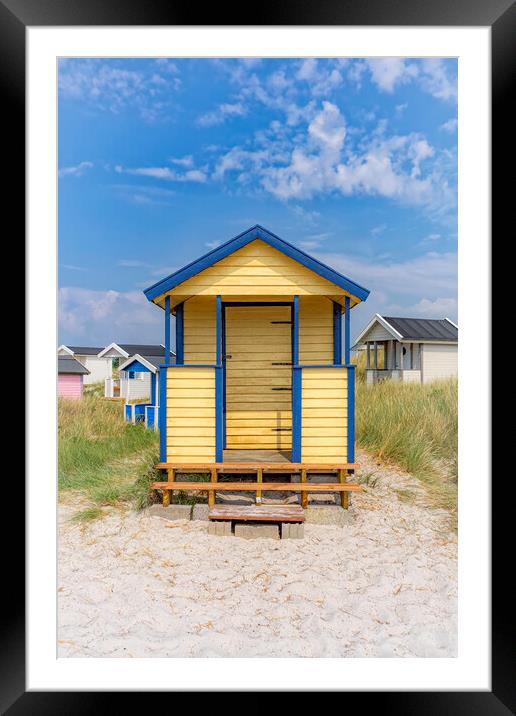 Skanor Beach Hut in Blue and Yellow Framed Mounted Print by Antony McAulay