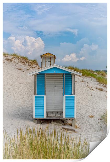 Skanor Beach Hut in Sky Blue Print by Antony McAulay