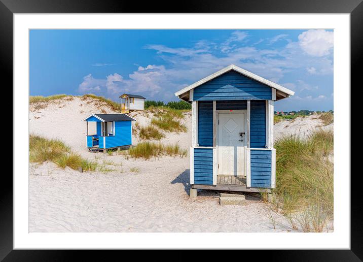 Skanor Beach Huts in Blue and White Framed Mounted Print by Antony McAulay