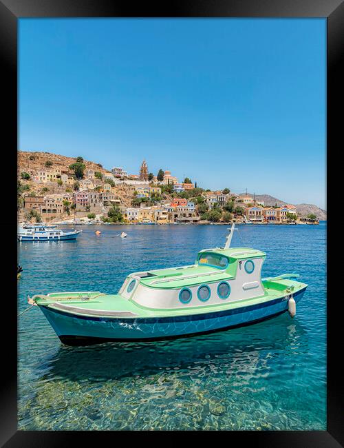 Symi Greek Island Gorgona Boat Framed Print by Antony McAulay