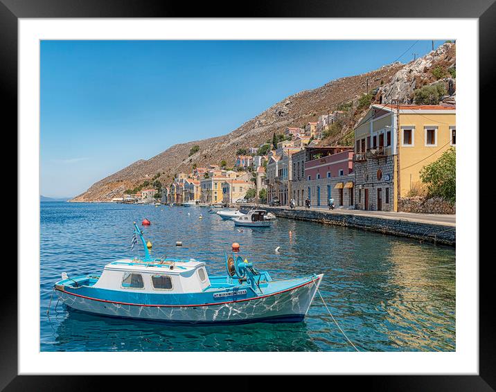 Symi Greek Island Harbour Boat Framed Mounted Print by Antony McAulay