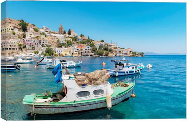 Symi Greek Island Harbour Canvas Print by Antony McAulay