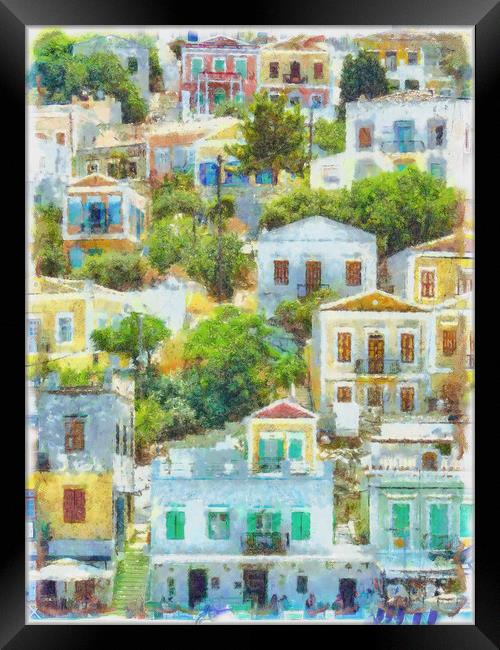 Symi Greek Island Houses Digital Painting Framed Print by Antony McAulay
