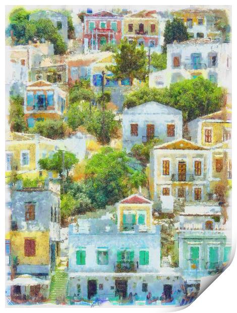 Symi Greek Island Houses Digital Painting Print by Antony McAulay