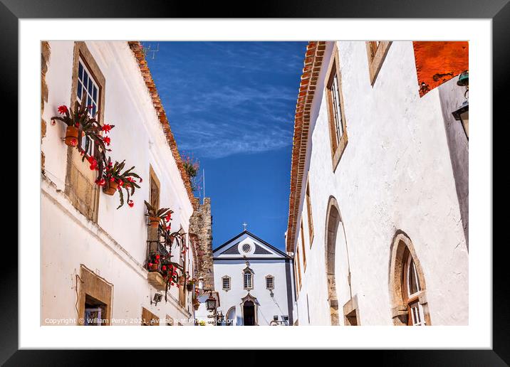 Sao Pedro Church Narrow White Street Obidos Portugal Framed Mounted Print by William Perry