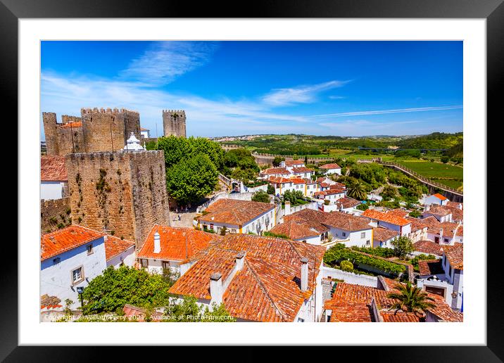 Castle Turrets Towers Walls Orange Roofs Obidos Portugal Framed Mounted Print by William Perry