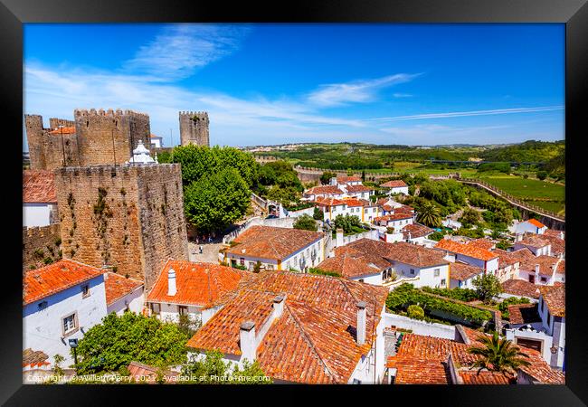 Castle Turrets Towers Walls Orange Roofs Obidos Portugal Framed Print by William Perry