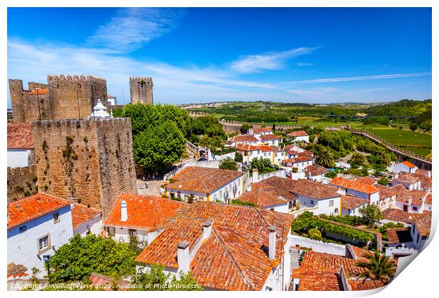 Castle Turrets Towers Walls Orange Roofs Obidos Portugal Print by William Perry