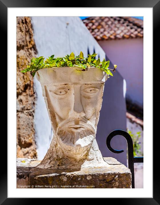 White Head Sculpture Street Obidos Portugal Framed Mounted Print by William Perry