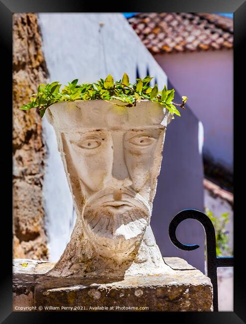 White Head Sculpture Street Obidos Portugal Framed Print by William Perry