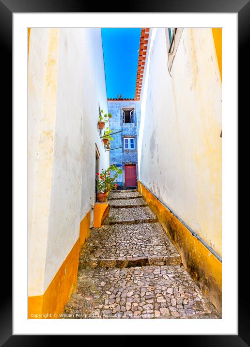 Narrow White Yellow Street 11th Century Mediieval City Obidos Po Framed Mounted Print by William Perry