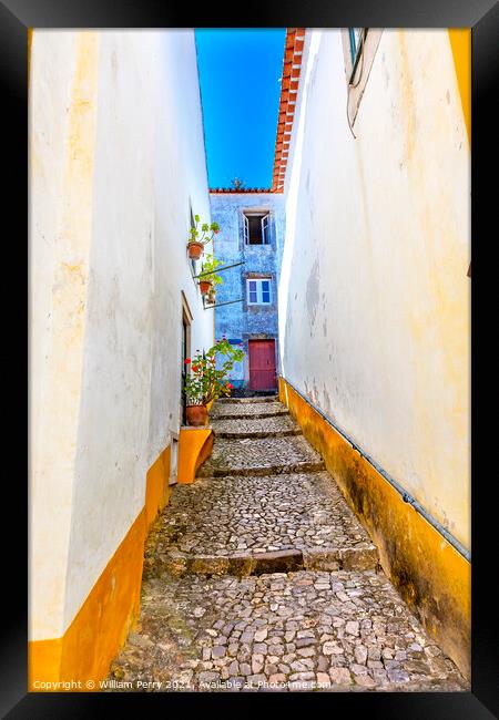 Narrow White Yellow Street 11th Century Mediieval City Obidos Po Framed Print by William Perry