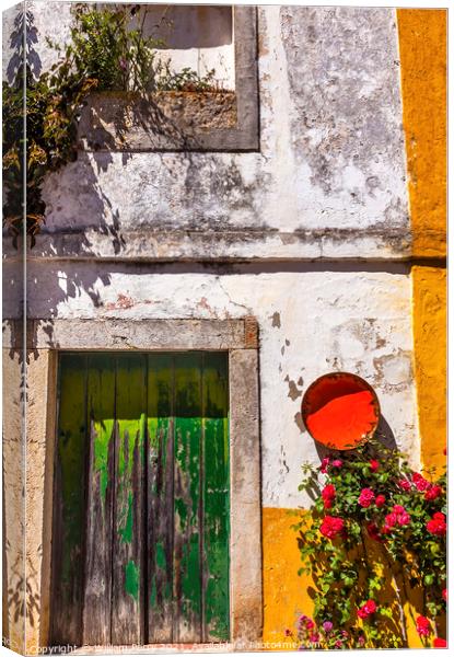 White Yellow Wall Green Door Street Obidos Portugal Canvas Print by William Perry