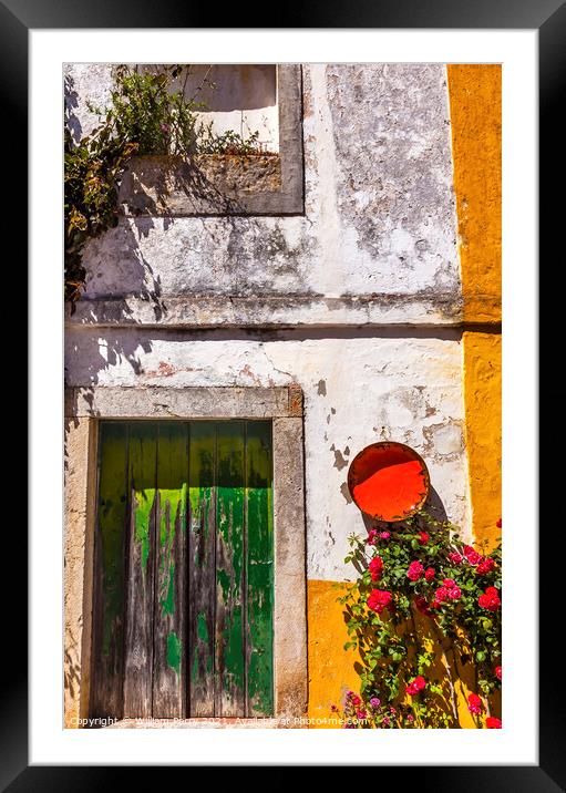 White Yellow Wall Green Door Street Obidos Portugal Framed Mounted Print by William Perry