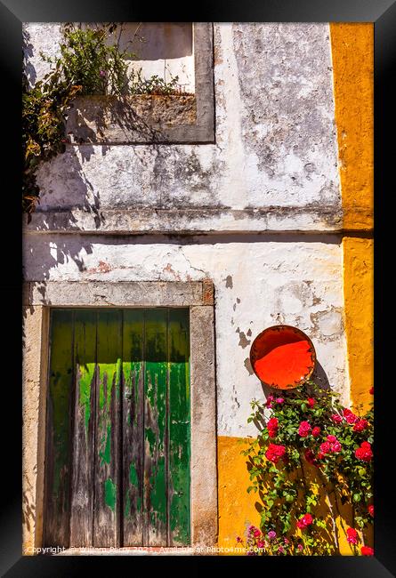 White Yellow Wall Green Door Street Obidos Portugal Framed Print by William Perry