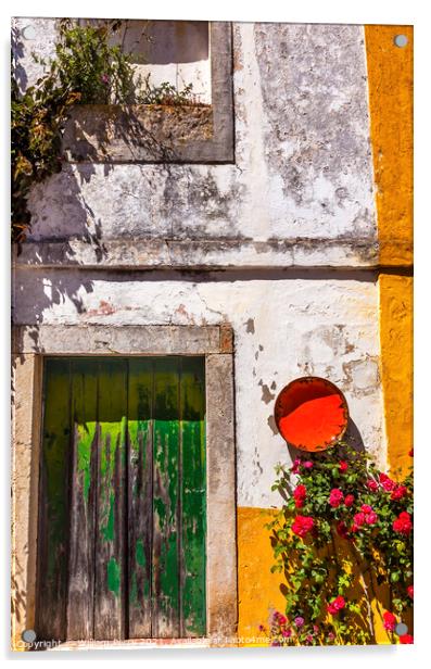 White Yellow Wall Green Door Street Obidos Portugal Acrylic by William Perry