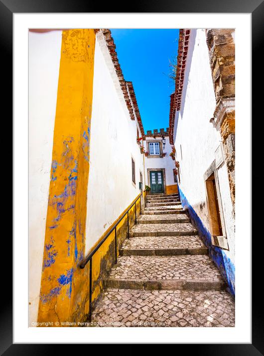 Narrow White Street 11th Century Mediieval City Obidos Portugal Framed Mounted Print by William Perry