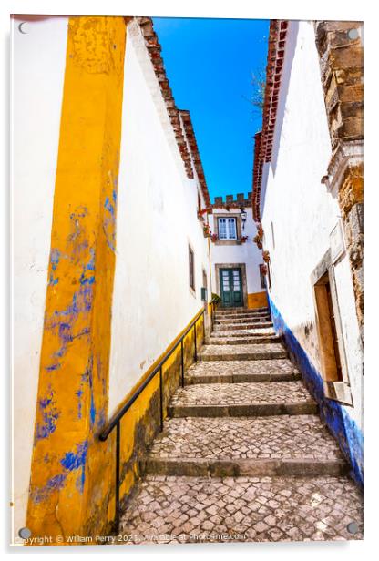 Narrow White Street 11th Century Mediieval City Obidos Portugal Acrylic by William Perry