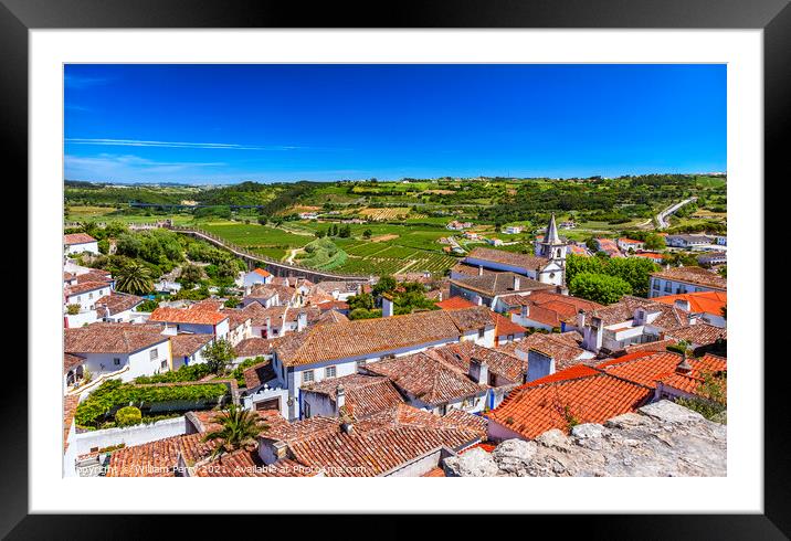 Castle Walls Orange Roofs Farmland Countryside Obidos Portugal Framed Mounted Print by William Perry