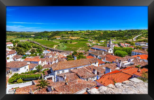 Castle Walls Orange Roofs Farmland Countryside Obidos Portugal Framed Print by William Perry