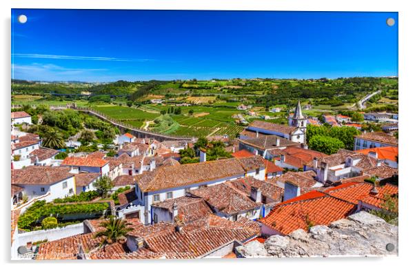 Castle Walls Orange Roofs Farmland Countryside Obidos Portugal Acrylic by William Perry