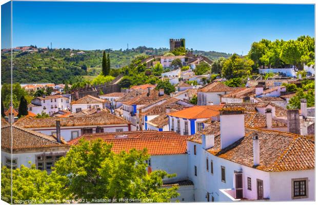 Castle Turrets Towers Walls Orange Roofs Obidos Portugal Canvas Print by William Perry