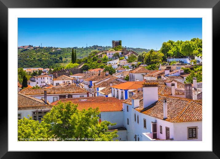 Castle Turrets Towers Walls Orange Roofs Obidos Portugal Framed Mounted Print by William Perry