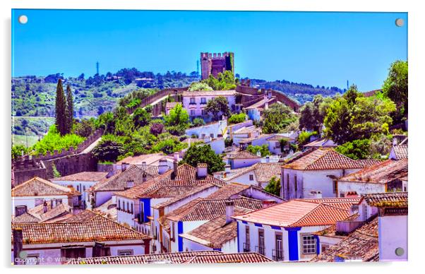 Castle Turrets Towers Walls Orange Roofs Obidos Portugal Acrylic by William Perry