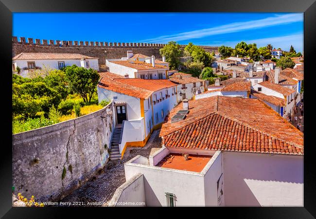 Castle Walls Orange Roofs Narrow Street Obidos Portugal Framed Print by William Perry