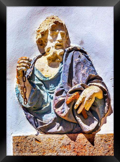 Old Blue Saint Peter Statue Wall Obidos Portugal Framed Print by William Perry