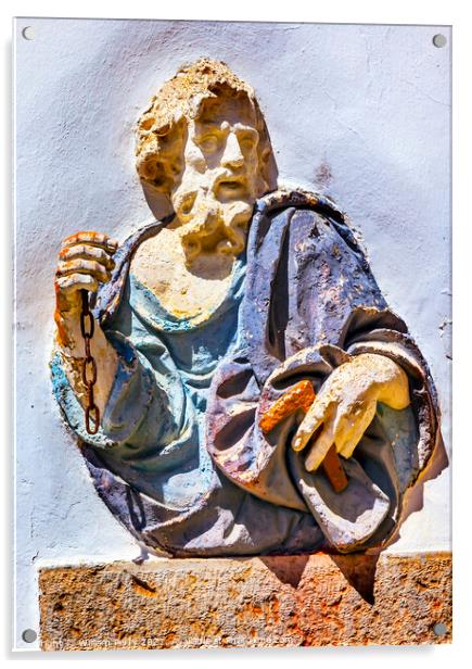 Old Blue Saint Peter Statue Wall Obidos Portugal Acrylic by William Perry