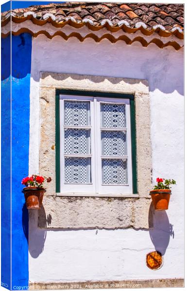 White Blue Wall Flowers Street 11th Century Mediieval City Obido Canvas Print by William Perry