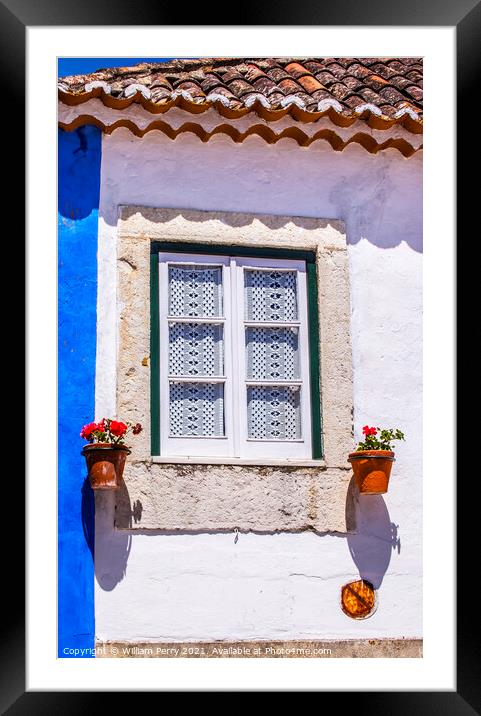 White Blue Wall Flowers Street 11th Century Mediieval City Obido Framed Mounted Print by William Perry